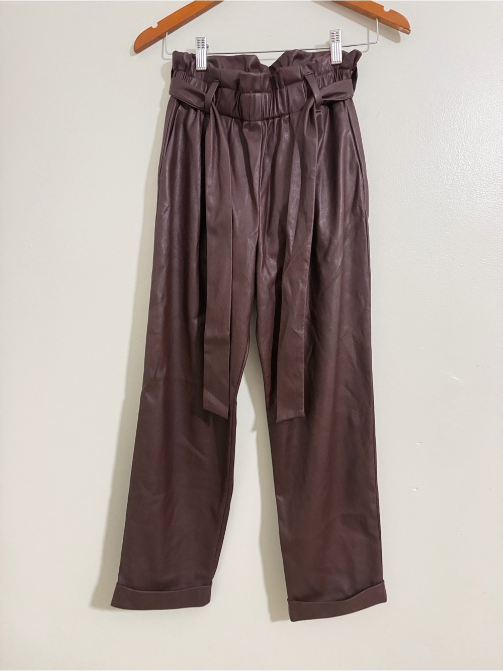 Faux Leather Papper Bag Pants Lavender  Brown Contemporary Minimalistic Chic XS